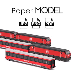以下が含まれることがあります： 赤とグレーの鉄道模型のコレクションで、上部に「Paper MODEL」の文字があります。列車には「DB」のロゴと「REGIO」の文字があります。画像には、JPG、PNG、PDFファイル形式のアイコンも含まれています。