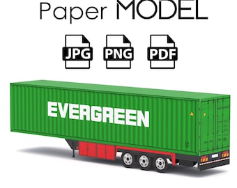 Paper Model - Semi Trailer, Evergreen Container, DIY Printable Paper Model