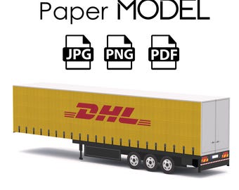 Paper Model - Semi Curtain Trailer, DHL Container, DIY Printable Paper Model