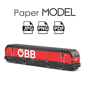 Könnte beinhalten: Ein rot-schwarzes Papiermodell eines OBB-Zuges. Der Zug hat das OBB-Logo in Weiß. Das Bild enthält auch den Text "Paper MODEL" und Symbole für die Dateiformate JPG, PNG und PDF.