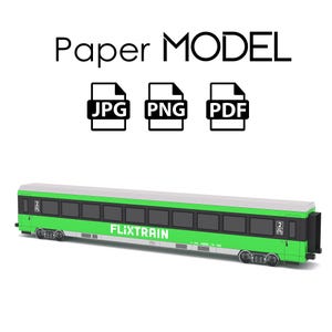 以下が含まれることがあります： 緑色のFlixTrainの客車のペーパーモデル。モデルはJPG、PNG、PDF形式で入手できます。