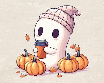 Cute Cozy Ghost Png, Coffee Ghost Digital Download, Halloween Clipart, Pink Beanie Ghost Drinking Coffee Png, Fall Shirt Design, Boo png