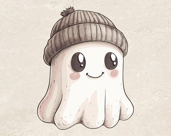 Joli fantôme gris Png, fantôme portant un bonnet Png, Halloween Png, confortable fantôme Png, fantôme portant un chapeau PNG, fantasmagorique tendance clipart fantôme
