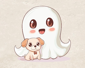 Fantasma com Cachorro Png, Fantasma Fofo com um Cachorrinho Png, Halloween Png, Fantasma Fofo Png, Fantasma Kawaii PNG, Fantasma Fofo Assustador Clipart Gráfico