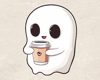 Cute Big Eyes Ghost with Coffee png, Cute Ghost png, Halloween png, Ghost Clipart, Cute Halloween Digital Download, Halloween Coffee Lover