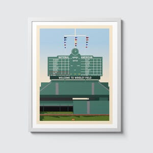 May include: A green and white illustration of Wrigley Field, home of the Chicago Cubs. The scoreboard displays the words "Welcome to Wrigley Field" and shows the scores of a baseball game between the National and American Leagues.