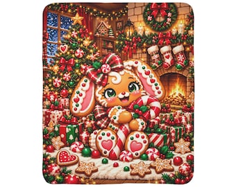 Gingerbread Bunny Christmas Sherpa Blanket, Cozy Winter Village Throw, 2 Sizes