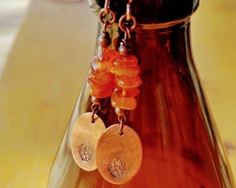 Handstamped Hops Flower & Amber Copper Earrings