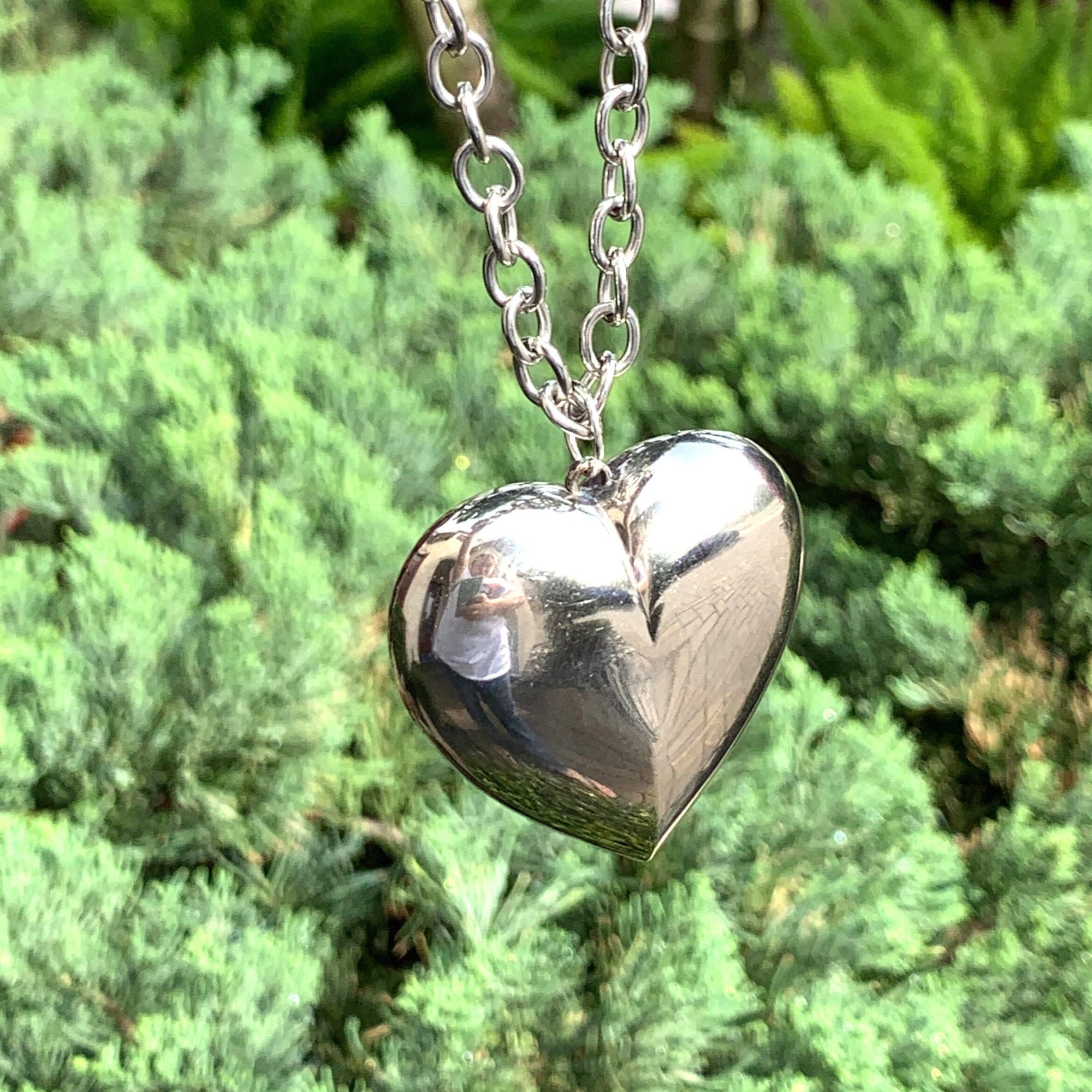 Sterling Silver Large Puff Heart Pendant Long Oval Link Chain Etsy