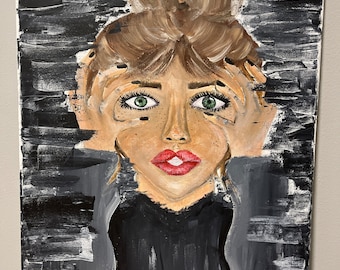Peinture acrylique originale de portrait de jeune fille anxieuse 16 x 20"