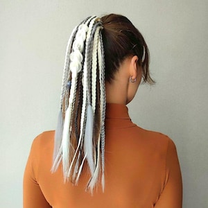 Viking braids gray on hairband, Boho dreadlock ponytail white, Blonde hair falls, Festival braids extension silver, Length 16&quot;, Braids 20