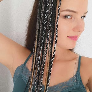 Clip in braids extension black, Gray boho hair extensions, Viking dreadlock extension gold, Silver hair clips, Hippie hair accessory,