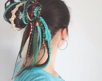 Blue brown hair extensions on hair elastic, Dreadlock ponytail blonde, Festival braids blue green, Rave dreadlock extension, Braids 15