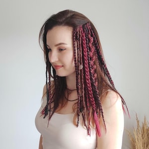 Clip in dreadlocks dark cherry red, Boho chick hair extensions burgundy, Viking warrior dreads on hair clips, Length 16&quot;, Braids 16, clips 4