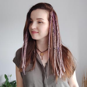 Clip in dreads ombre purple beige, Boho hair extension, Hippie festival crochet dreads on hair clips, Length 17&quot;, Braids 12, clips 6