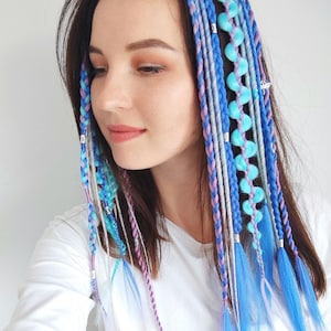 Braids extension blue on hair clips, Clip in dreadlocks extension lavander, Festival braids, Mermaid hair accessory, Length 20&quot;, Braids 16