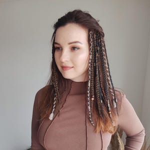 Clip in dreadlocks brown, Boho hair extension black, Viking dreads on hair clips, Medival warrior hair, Length 14&quot;, Braids 24, clips 6