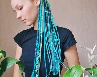 Turquoise hair falls on hairband, Dreadlock ponytail wig, Blue braids extension, Mermaid costume hairstyle, Length 24", Braids 21