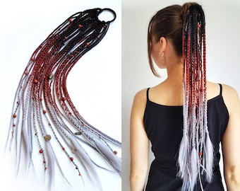 バイキングヘアエクステンションカスタマイズ可能ブラック、ドレッドロックポニーテールウィッグダークレッド、ボヘミアン中世フェスティバルアクセサリーバーガンディグレーブレードエクステンション
