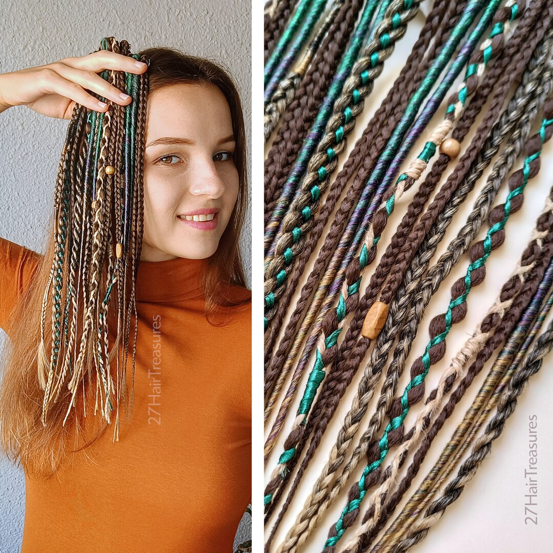 Clip in Dreads Brown, Boho Hair Extensions Green, Viking Dreads on Hair