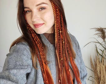 Clip in dreadlocks red, Boho hair extensions auburn, Viking dreads on hair clips orange, Red hair falls, Ginger dreadlock clips, Hippie hair