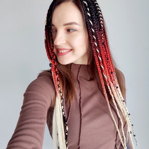 Clip in dreadlocks black red, Boho hair extensions blonde, Viking dreads on hair clip, Medival hair accessory, Length 25&quot;,Braids 16, 4 clips