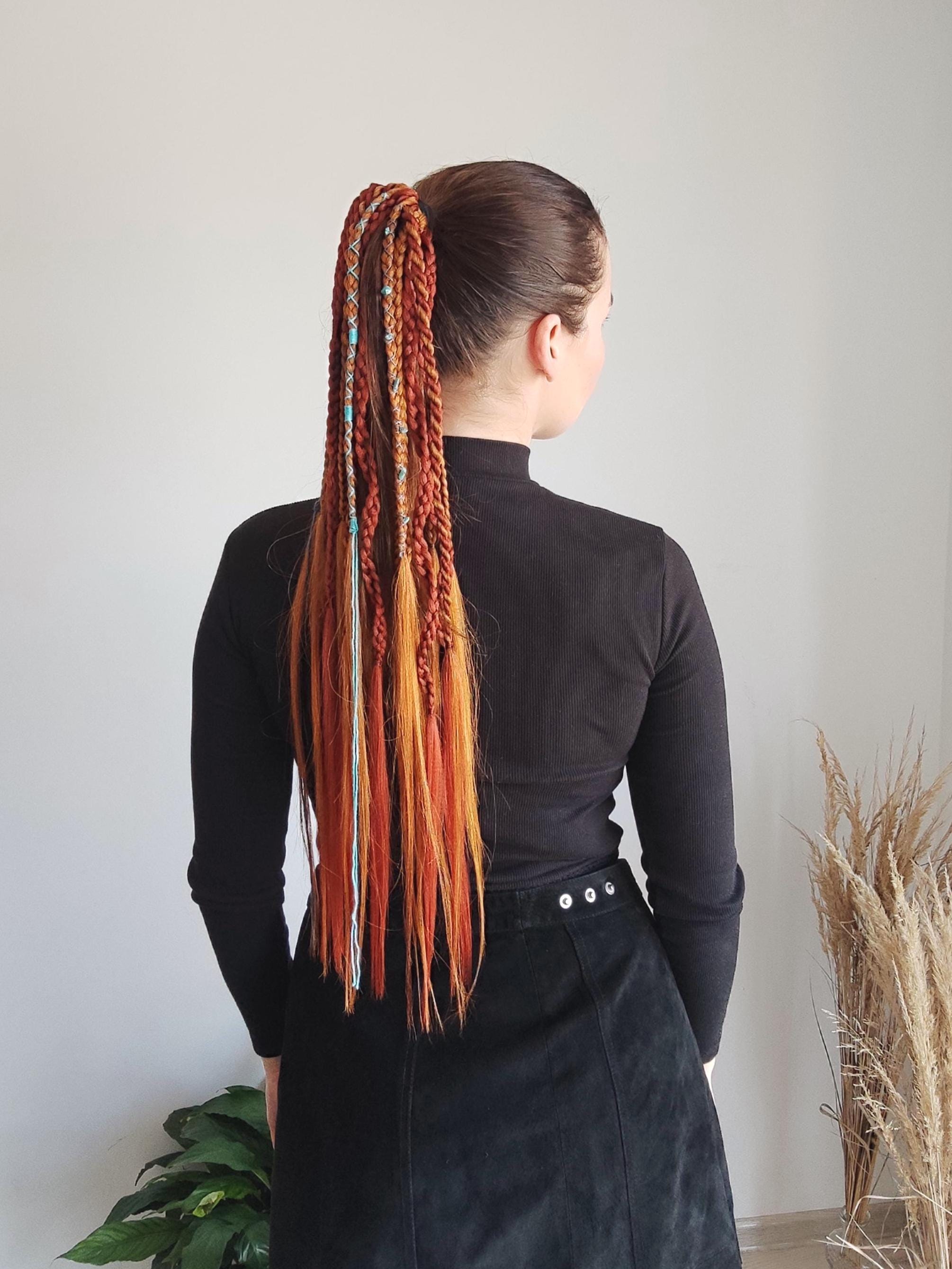 Long Dreadlock Ponytail Wig, Orange Braids on Hairband With Loose