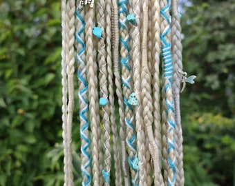 Blonde dreadlocks on hair clips, Blue clip in braids extension, Boho hair extensions, Viking hair accessory, Customizable braids