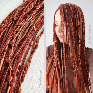 Clip in dreadlocks rood, boho-haarextensies kastanjebruin, Vikingdreads gember op haarspeldjes oranje, rood haar valt, aanpasbare dreadlockclips