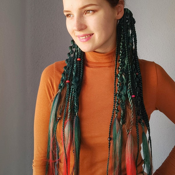 Viking braids emerald green on hairband, Boho dreadlock ponytail green red hair falls, Festival dreadlocks extension, Length 22", Braids 9