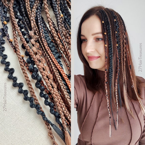 Clip in dreadlocks ginger, Boho hair extensions black, Viking dreads brown on hair clip, Locks extension auburn, Braids 12, 4 clips