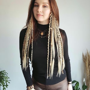 Clip in dreadlocks blonde, Boho chic long hair extension, Viking braids on hair clips, Medival hair accessory, Length 24&quot;, 20 Braids 5 clips