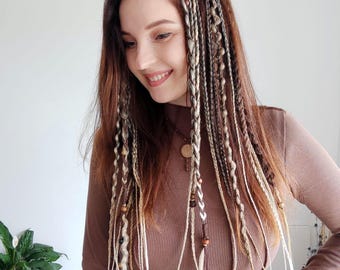 Clip in dreadlocks blonde, Boho hair extension with black, Viking braids on hair clips, Festival hair, Length 24", Braids 22, clips 6