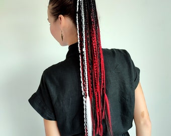 Extensión de rastas góticas, cola de caballo con rastas negras y rojas ombré, caídas de cabello punk, trenzas vikingas con diadema, disfraz de vampiro, largo de 25 pulgadas, trenzas de 22 pulgadas.