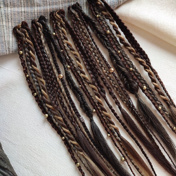 Clip in dreadlocks brown, Boho short hair extensions shaten, Viking dreads on hair clips, Hair accessory gold beads, Length 15"/ 38 cm