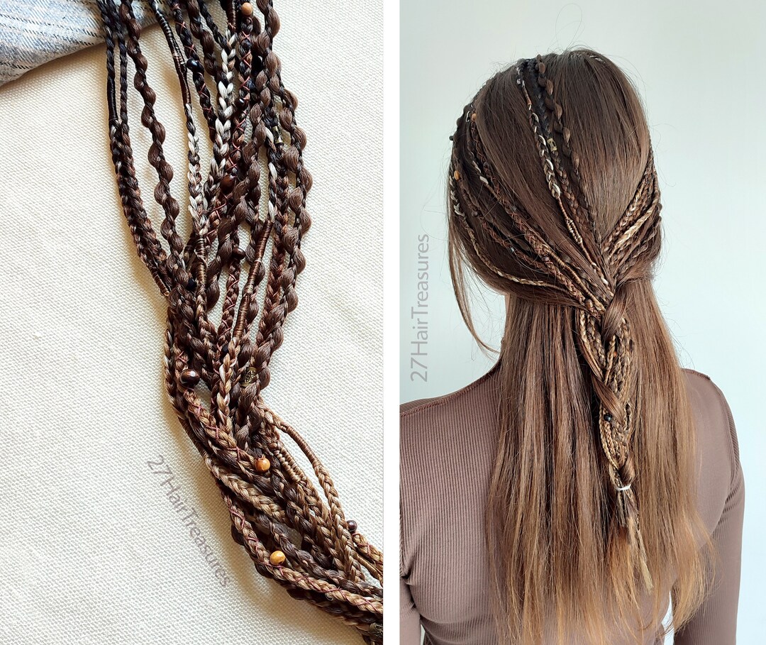 Clip in Dreadlocks Brown, Boho Hair Extensions, Viking Dreads Black on