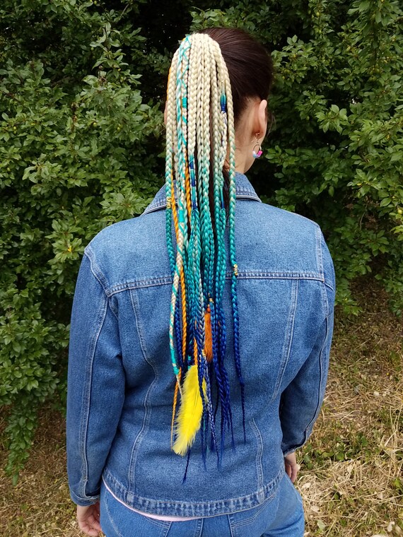 Ombre Blonde to Dark Turquoise Dreadlock Ponytail Wig Rave Hair Accessory Blue Hair Falls With Feather Festival Braids Length 24 Braids 20 Etsy Canada