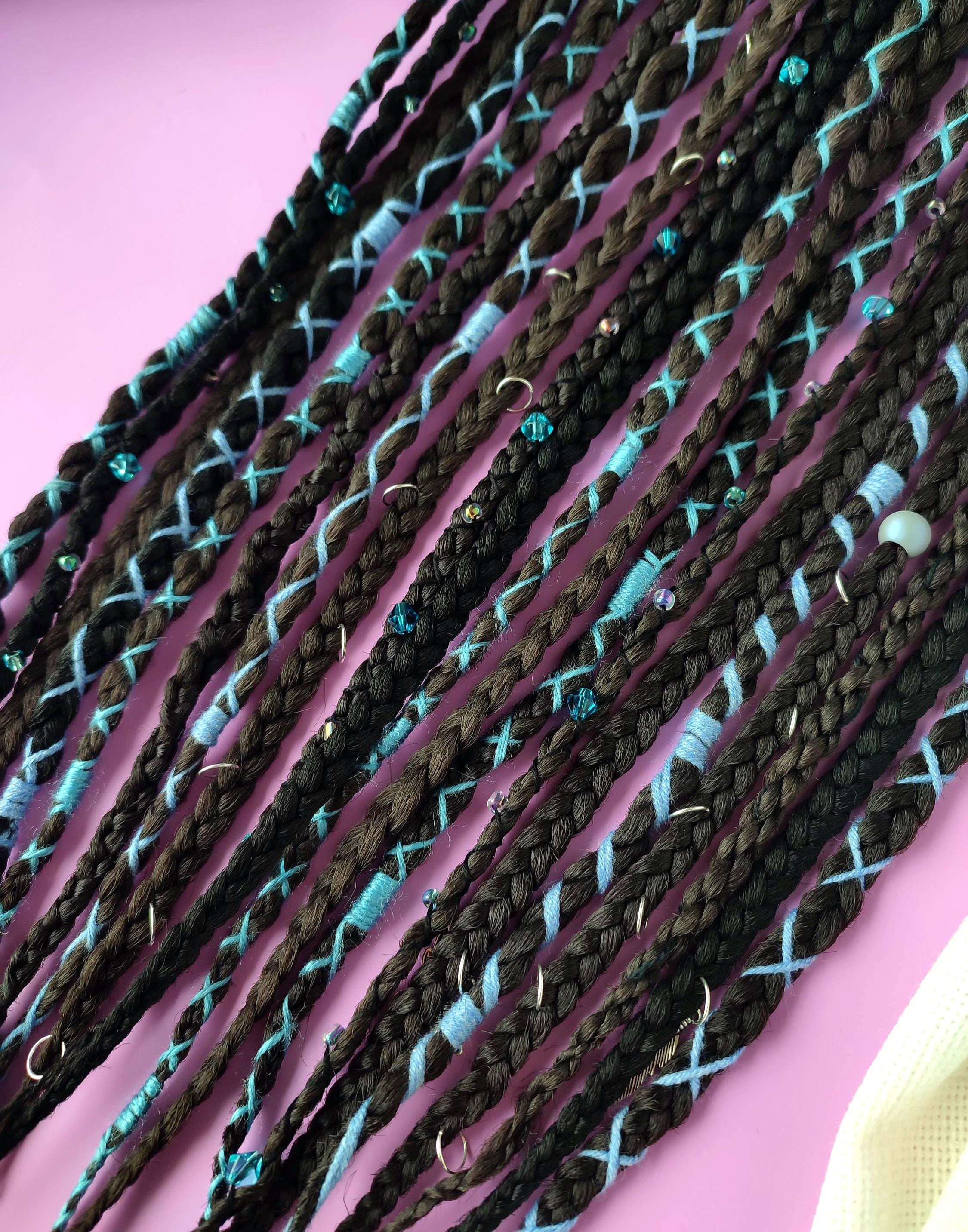 Short clip in braids black with blue accessories, Fairy elf hair extension, Viking braids dark brown on clips, Length 15", Braids 20 clips 5