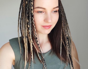Clip in dreadlocks ombre black to wheat blonde, Festival hair extension, Viking crochet dreads on hair clips, Length 14&quot;, 3 clips 12 braids