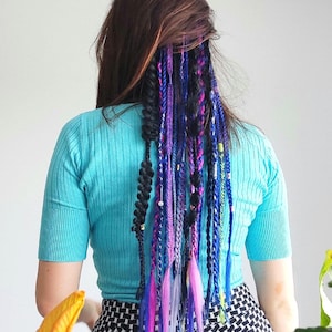 Purple synthetic braids on hair clips, Festival braids, Clip in dreadlocks extension electric blue, Rave outfit women, Length 24&quot;, Braids 24