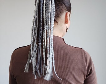 Viking braids gray on hairband, Boho dreadlock ponytail white blonde, Silver hair falls, Medival dreadlock extension, Length 16", Braids 15