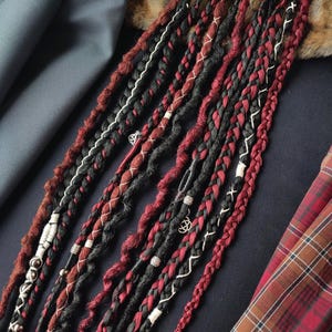 Clip in dreadlocks black red, Gothic hair extension, Viking dreads on hair clips, Rock metal festival hair, Length 19&quot;, Braids 12, clips 4