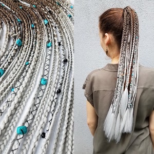 Ponytail dreadlocks extension brown silver, Viking hair extension on hair elastic, Shield maiden costume braids gray hair, Dreads accessory