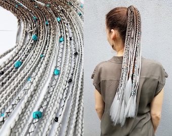 ポニーテールドレッドヘアエクステンションブラウンシルバー、バイキングヘアエクステンションヘアゴム、シールドメイデンコスチュームブレイドグレーヘア、ドレッドアクセサリー