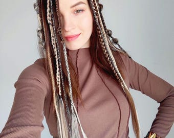 Clip in dreadlocks blonde, Boho hair extensions brown, Viking dreads on hair clips, Medival hair accessory, Length 24", Braids 15, 5 clips