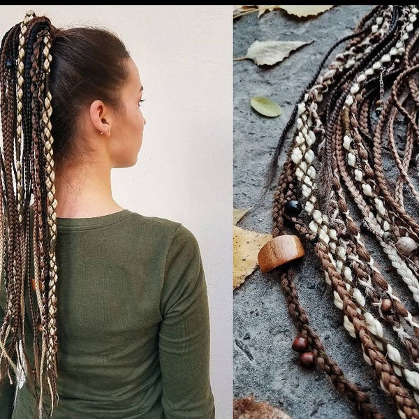 Rallonge de cheveux tressés en queue de cheval marron bohème sur un serre-tête, perruque de cheveux queue de cheval dreadlock viking, chute de cheveux synthétiques, chutes d'effroi personnalisable