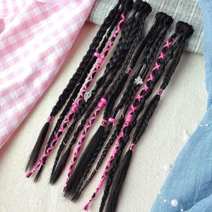 Black braids on hair clip, Short clip in braids with pink accessories , Festival hair, Rave outfit women, Length 12&quot;, 12 braids 4 clips