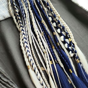 White blonde braids on hair clips, Festival braids dark blue, Dreadlocks extension, Rave hair accessories gold, Length 19&quot;,5 clips 18 braids