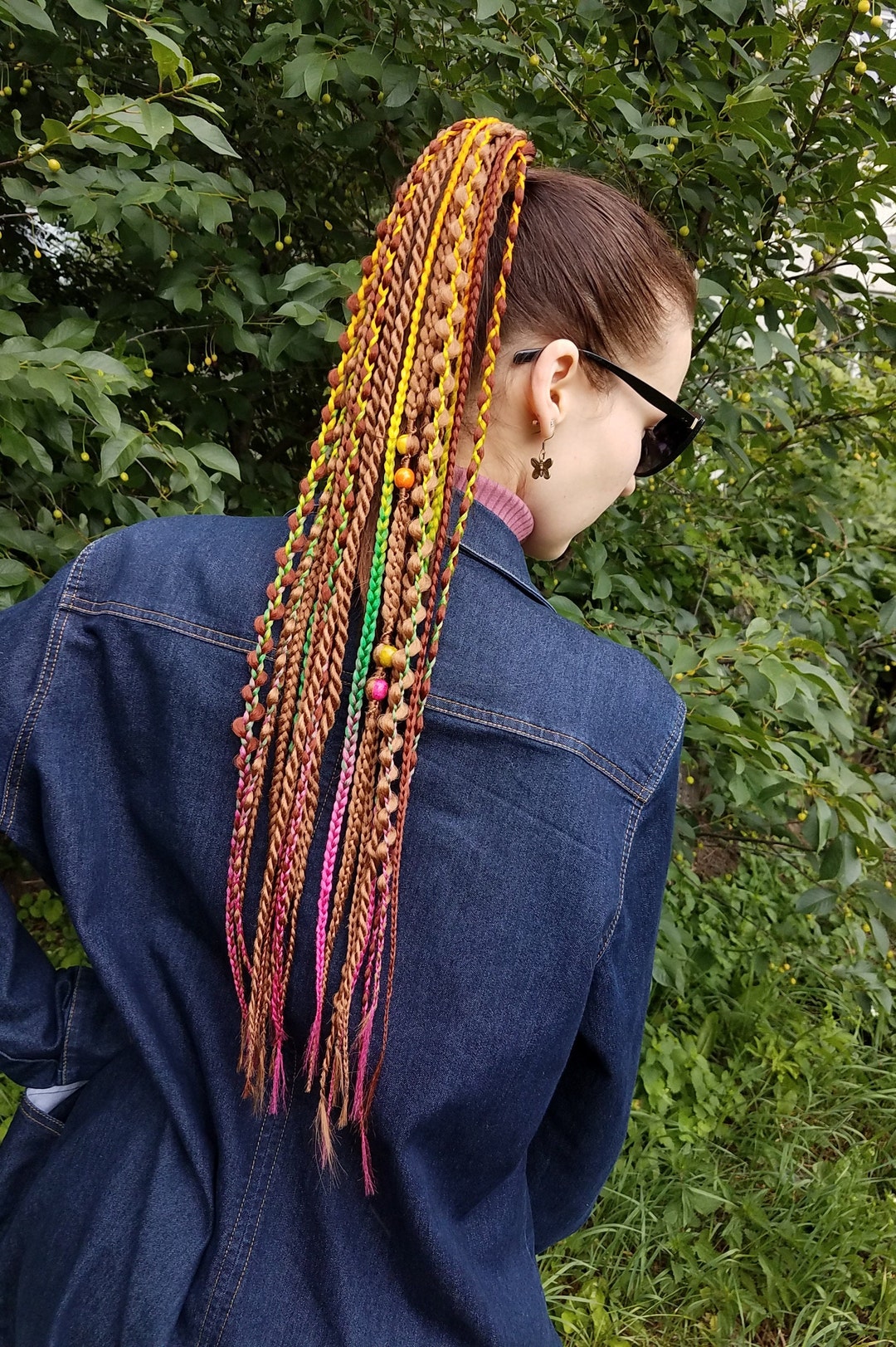 Rainbow rave hair accessory Orange hair falls on hairband Festival braid extensions Ginger dreadlock ponytail wig Length 24 Braids 20