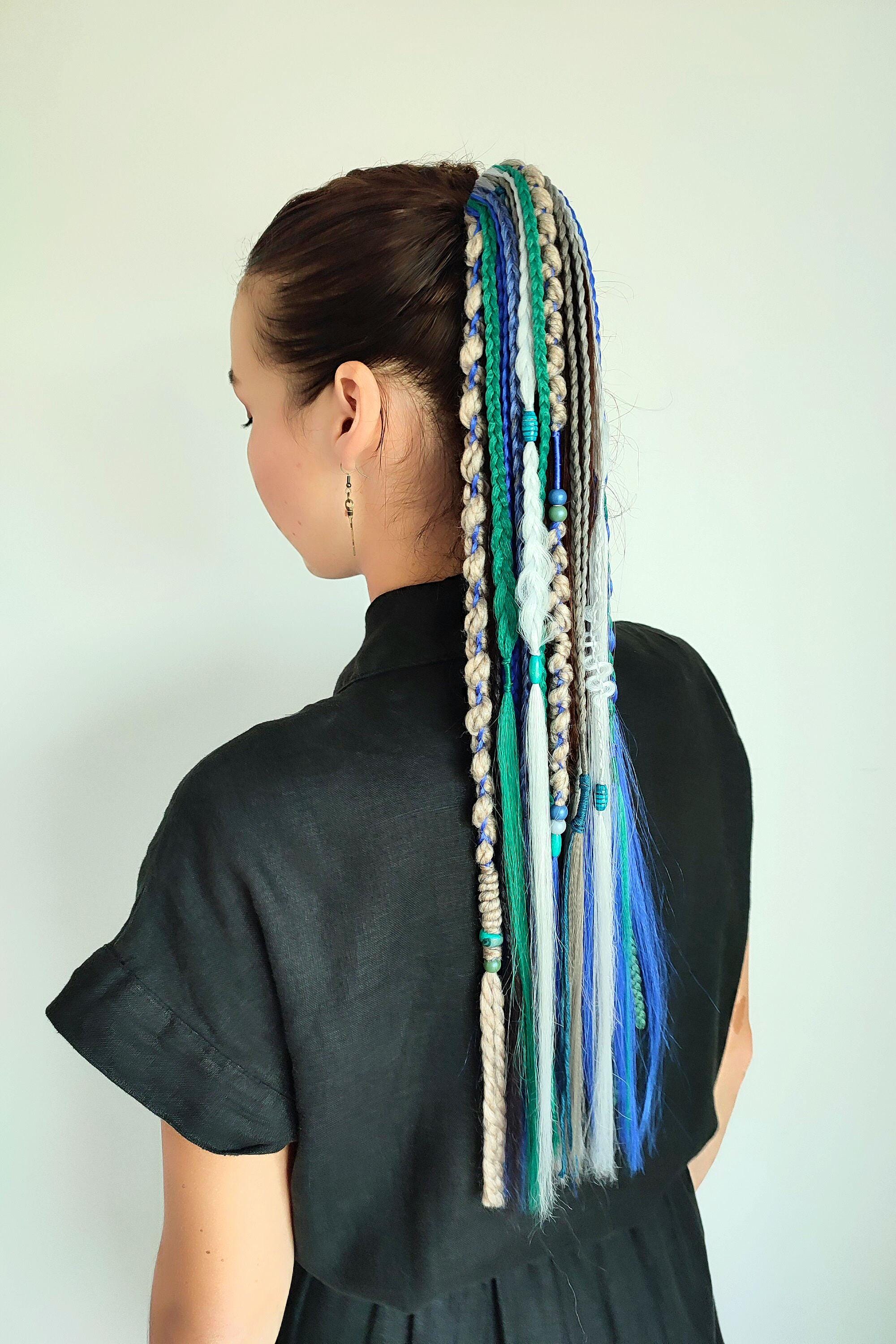 Mermaid Luxe Dread Braid Ponytail – Turquoise & Honey Blonde Full set, blonde BOHO decorated PONYTAIL clip-in! main image 2